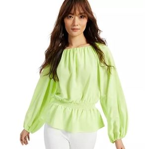 Alfani Lime Green Smocked Elastic Waist Ballon Sleeve Peplum Top
